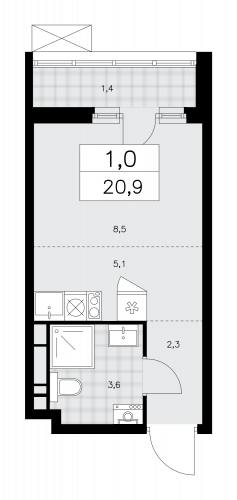 1-комнатная, 20.9 м²