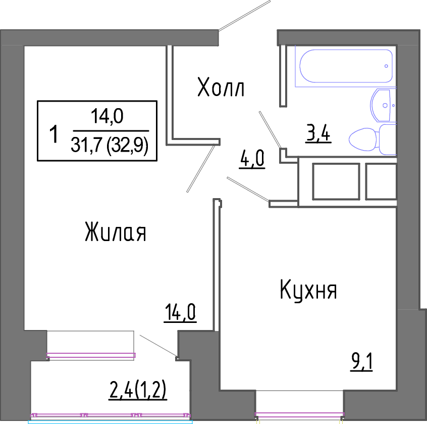 1-комнатная квартира №10178446, 31,7 м² за 6,99 млн руб. в ЖК «Новое Замитино» - планировка