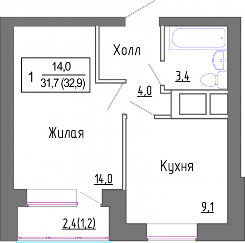 1-комнатная, 31.7 м²