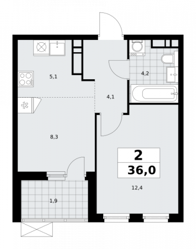 2-комнатная, 36 м²