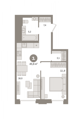 1-комнатная, квартира, 45.6 м²