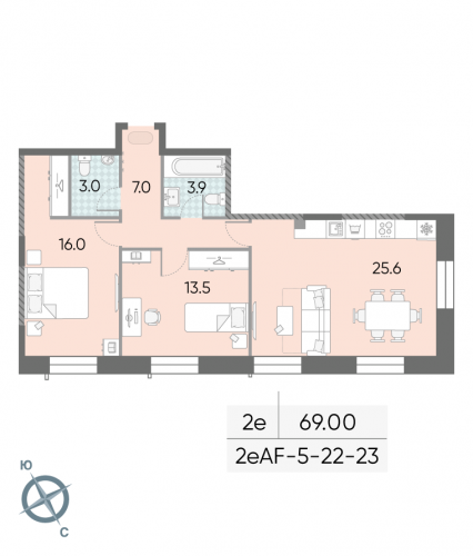 2-комнатная, 69 м²