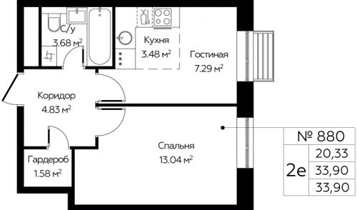 2-комнатная, 33.9 м²