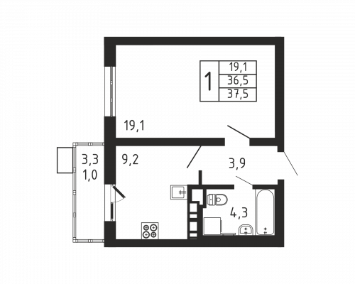 1-комнатная, квартира, 37.5 м²