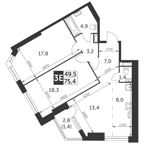 3-комнатная, квартира, 75.4 м²