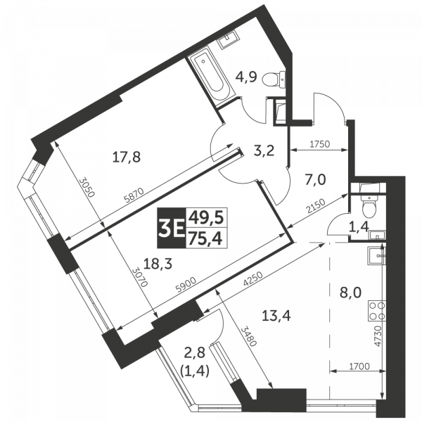 3 комнаты до 75.4