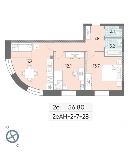2-комнатная, 56.8 м²