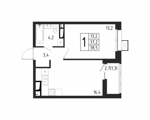 1-комнатная, квартира, 38.5 м²