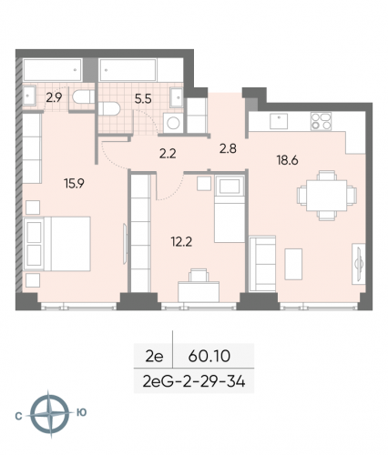 2-комнатная, квартира, 60.1 м²