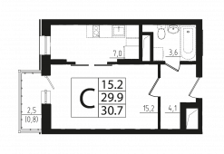 1-комнатная квартира 30,7 м²