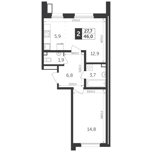 2-комнатная, квартира, 46.2 м²