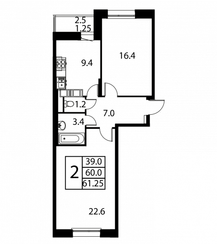 2-комнатная, квартира, 61.25 м²