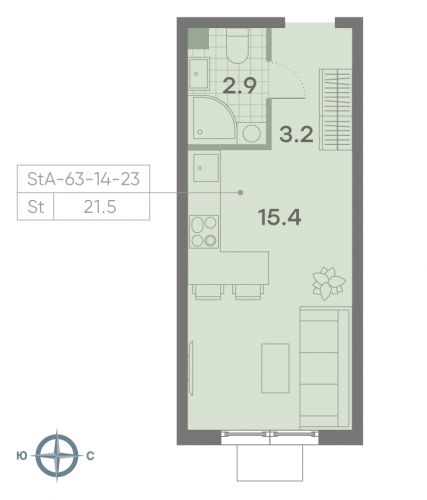 Студия, 21.5 м²