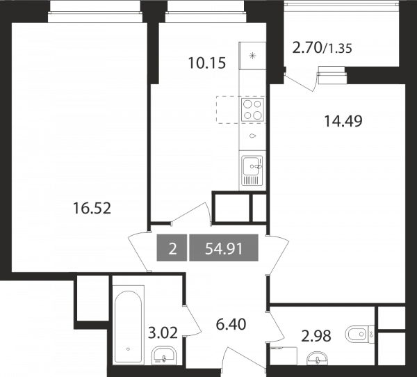 2 комнаты до 54.91