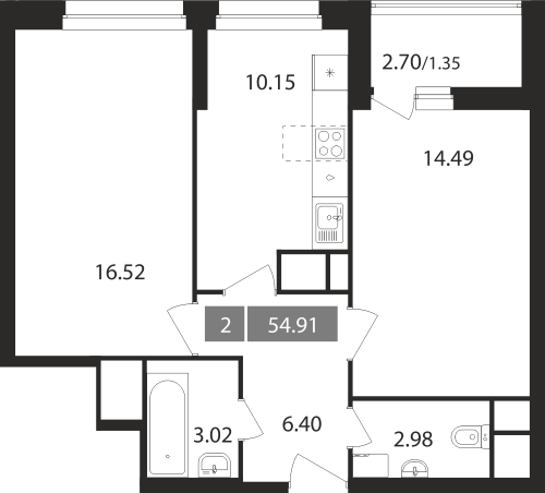 2-комнатная, квартира, 54.91 м²