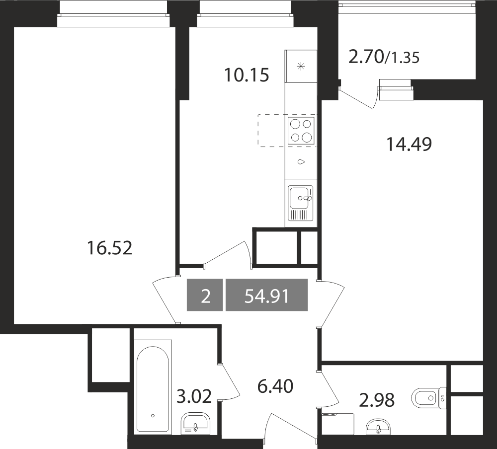 2-комнатная квартира №83, 54,9 м² за 14,43 млн руб. в ЖК «Планерный квартал» - планировка