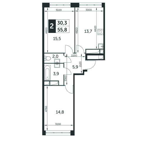 2-комнатная, квартира, 55.9 м²