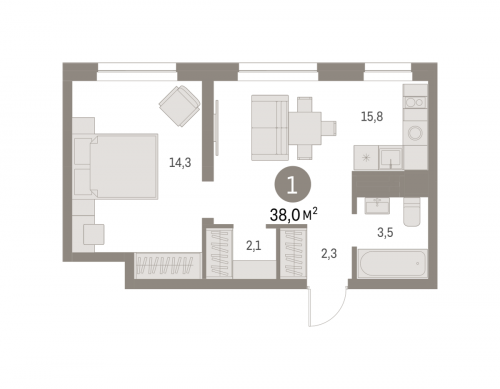 1-комнатная, 37.95 м²
