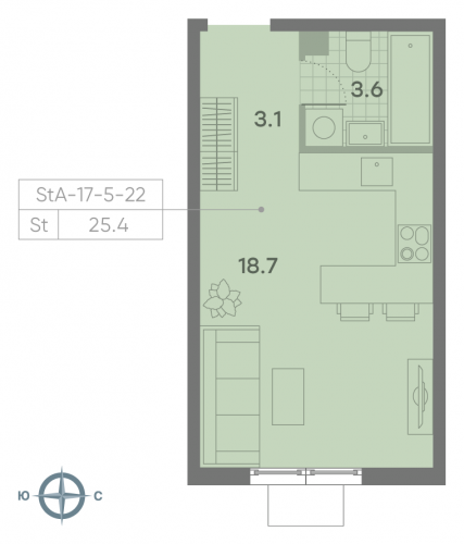 Студия, 25.4 м²