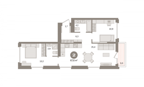 2-комнатная, квартира, 67.58 м²