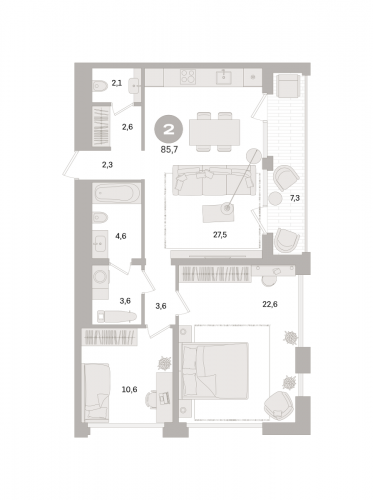 2-комнатная, квартира, 85.7 м²