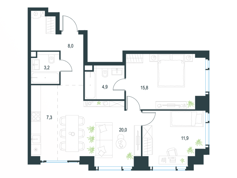 3-комнатные апартаменты №320, 71,1 м² за 35,12 млн руб. в ЖК «Level Мичуринский» - планировка