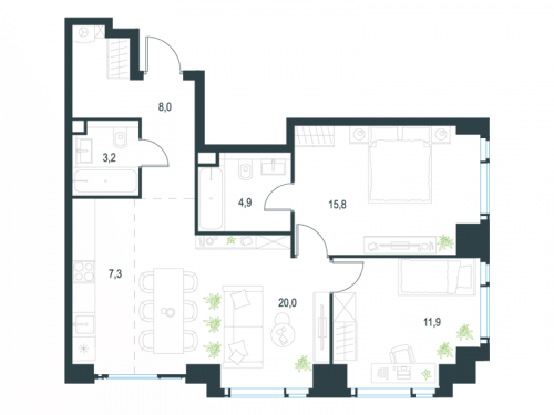 3-комнатная, 71.1 м²