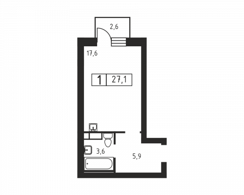 1-комнатная, 27.1 м²