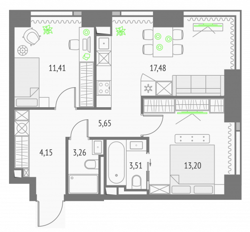 2-комнатная, квартира, 58.66 м²