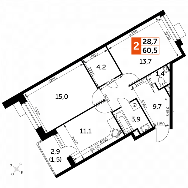 2 комнаты до 60.5