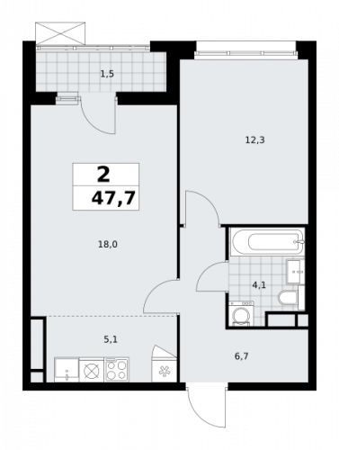 2-комнатная, 47.7 м²
