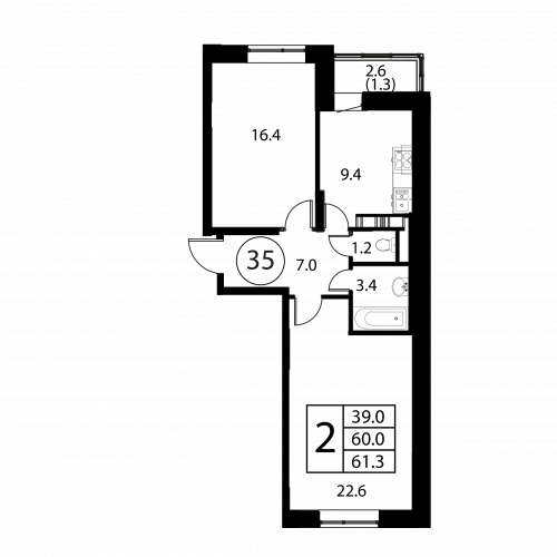 2-комнатная, квартира, 61.3 м²
