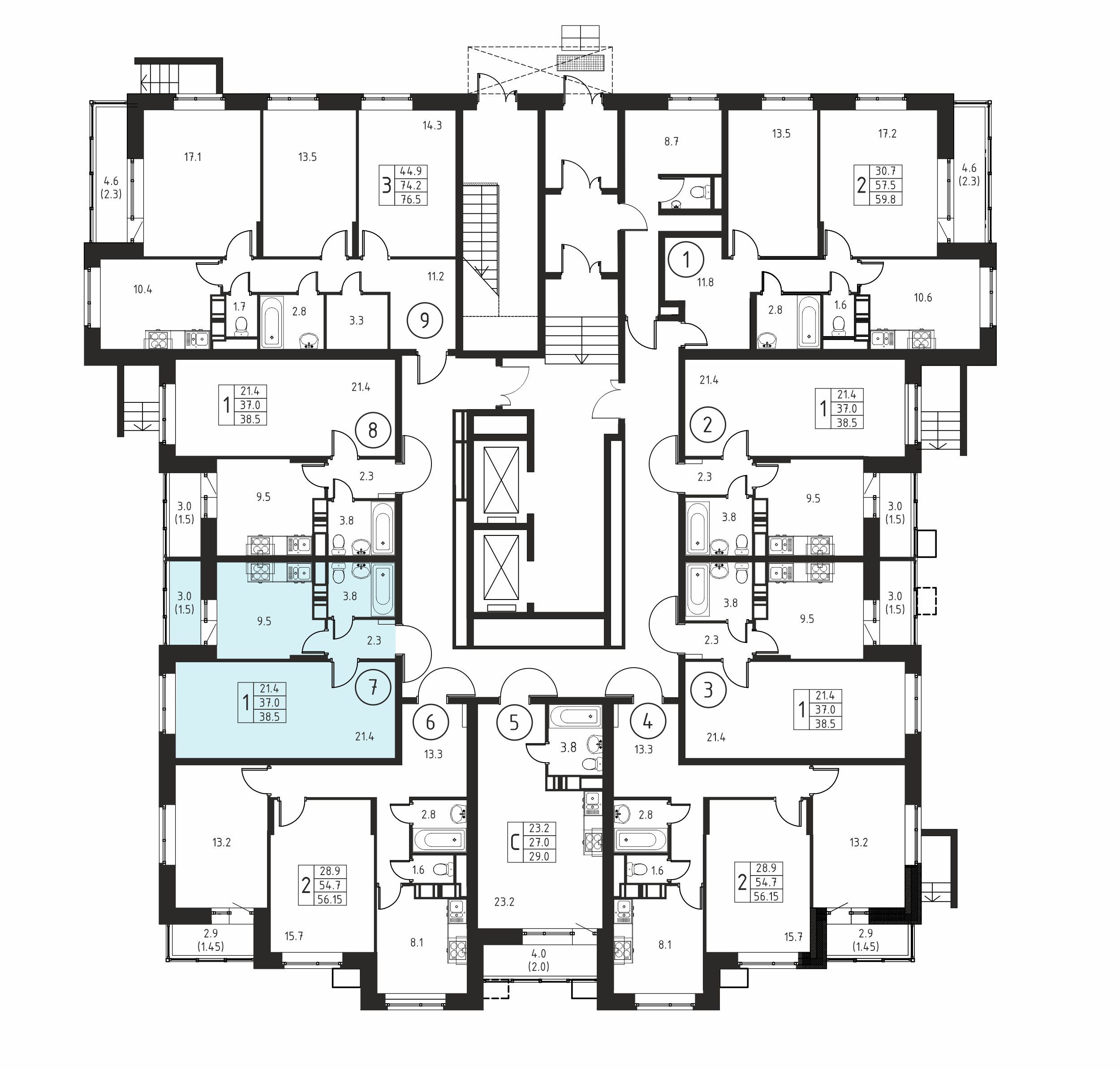 1-комнатная квартира №7, 38,5 м² за 5,74 млн руб. в ЖК «Космос» - планировка
