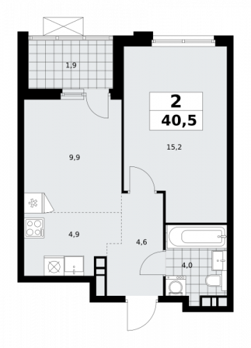 2-комнатная, 40.5 м²