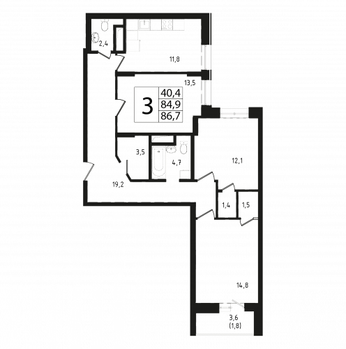 3-комнатная, квартира, 85 м²