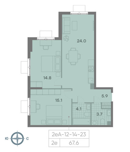 2-комнатная, квартира, 67.6 м²