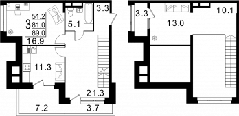 3-комнатная квартира 89 м²