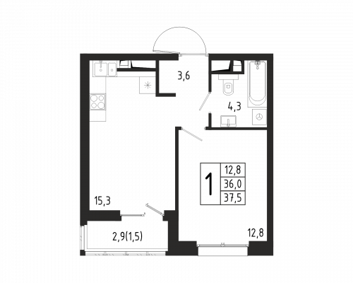 1-комнатная, квартира, 37.5 м²