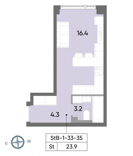 Студия, 23.9 м²