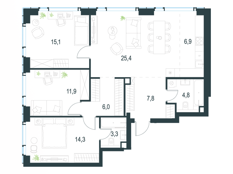 4-комнатные апартаменты №212, 95,5 м² за 40,81 млн руб. в ЖК «Level Мичуринский» - планировка