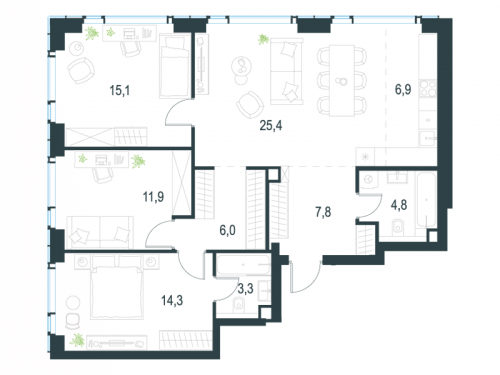 Многокомнатная, 95.5 м²