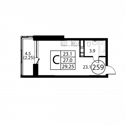 Студия, 29.25 м²