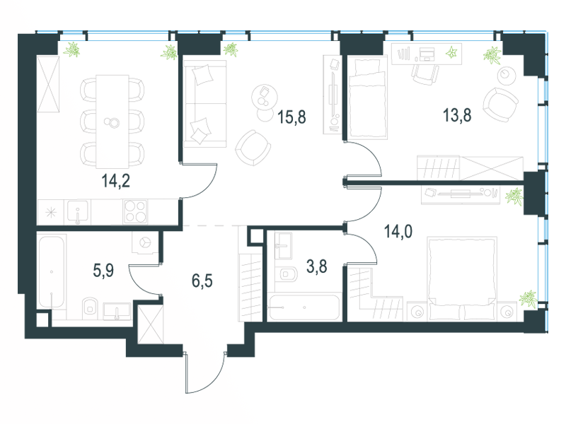 3-комнатные апартаменты №76, 74,0 м² за 29,70 млн руб. в ЖК «Level Мичуринский» - планировка