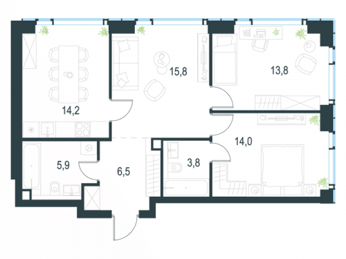 3-комнатная, 74 м²