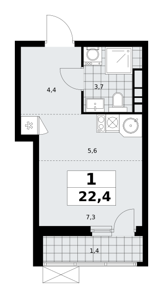 1-комнатная квартира №23К-18.2.4-461, 22,4 м² за 8,18 млн руб. в ЖК «Скандинавия» - планировка