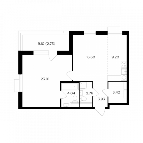 2-комнатная, квартира, 66.59 м²