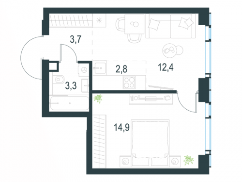 2-комнатная, 37.1 м²