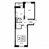 2-комнатная квартира 61,25 м²