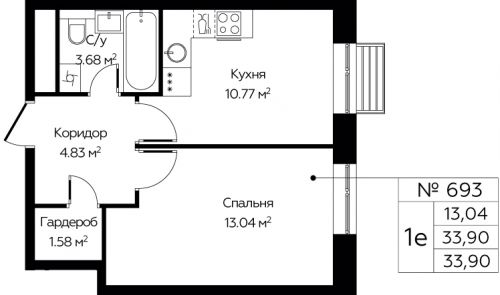 1-комнатная, 33.9 м²