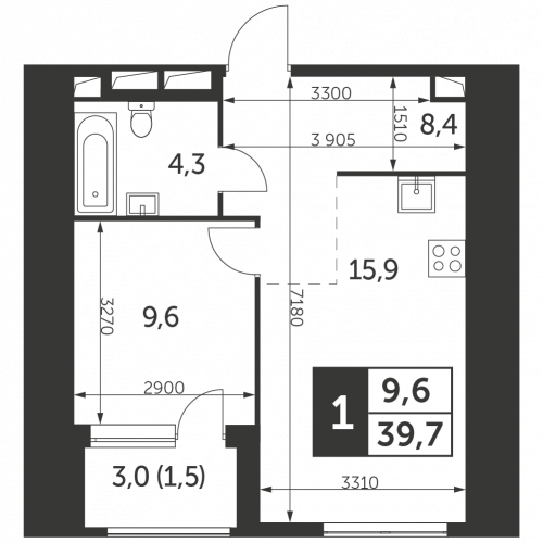 1-комнатная, квартира, 39.7 м²